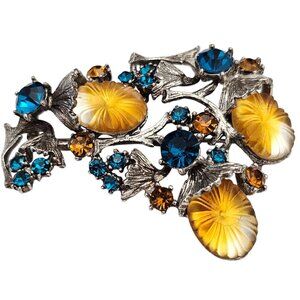 HAR Rare Thistle Style Brooch Yellow Givre Blue Rhinestone Pin Signed, J474